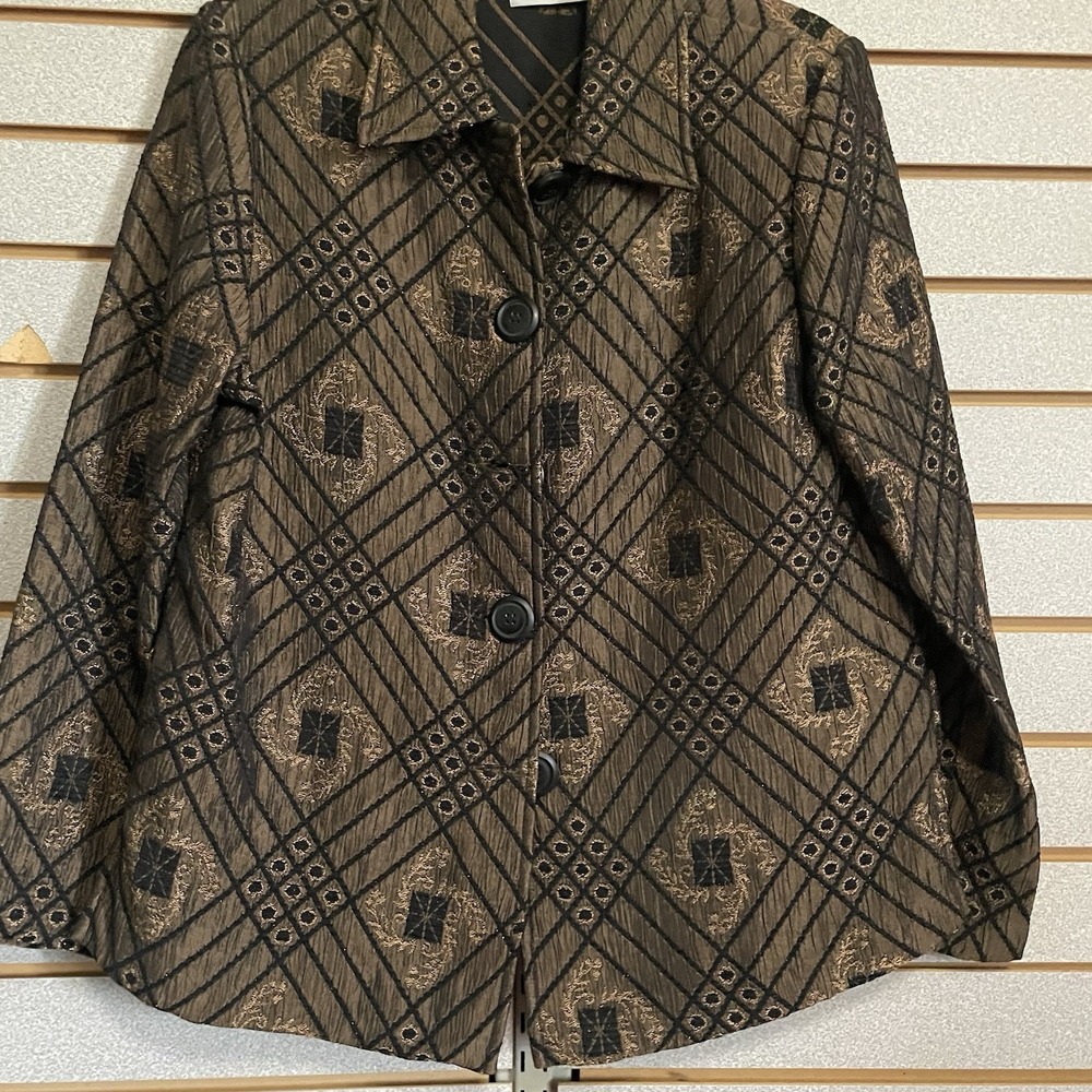 Vintage Joanna Sz M 5 Button‎ Jacket Bronze Shimmery Graphic Woven Long Sleeve